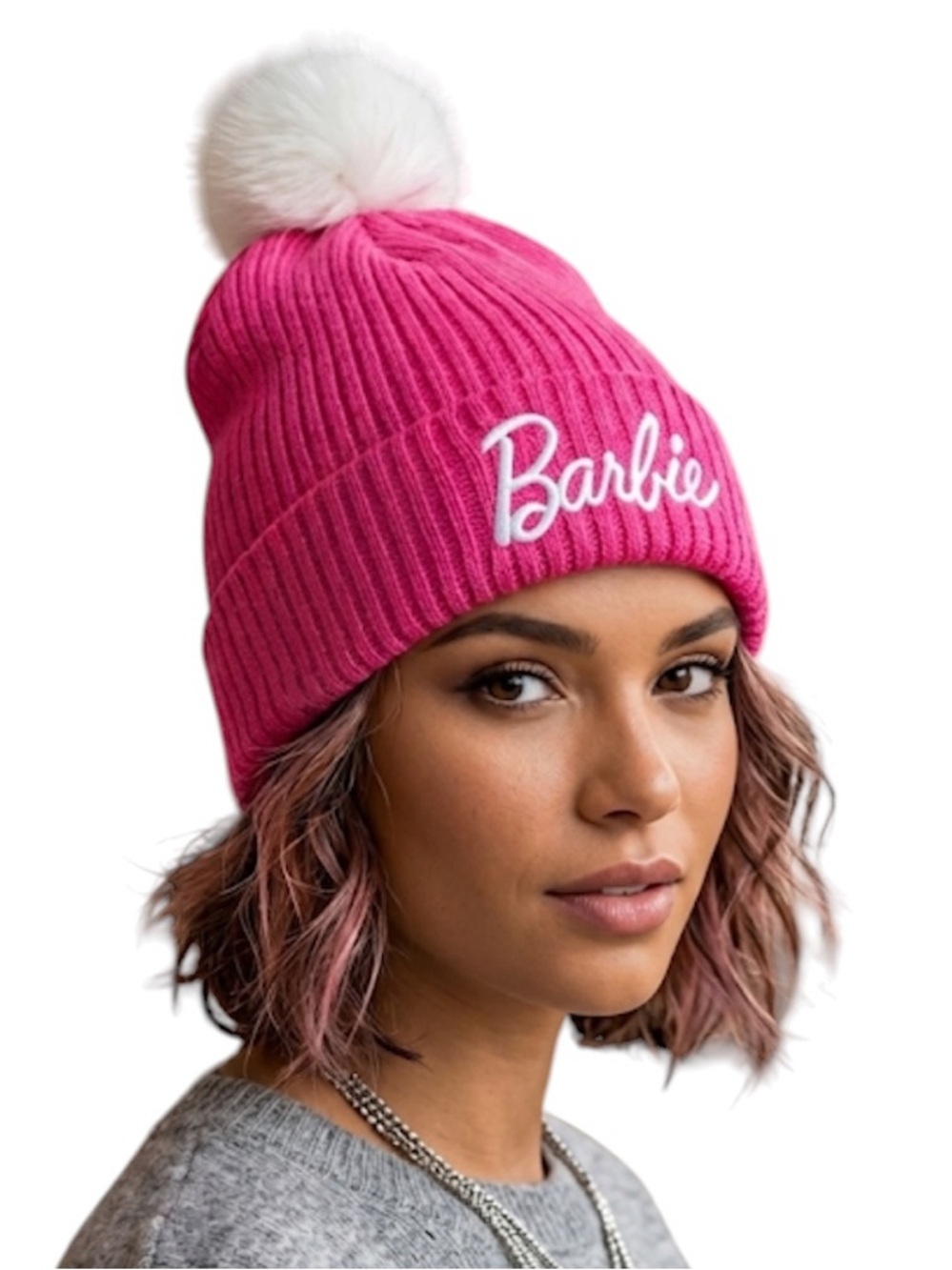 Mattel Barbie Pink Ribbed Knit Beanie Hat White Faux Fur Pom Pom NWT
O